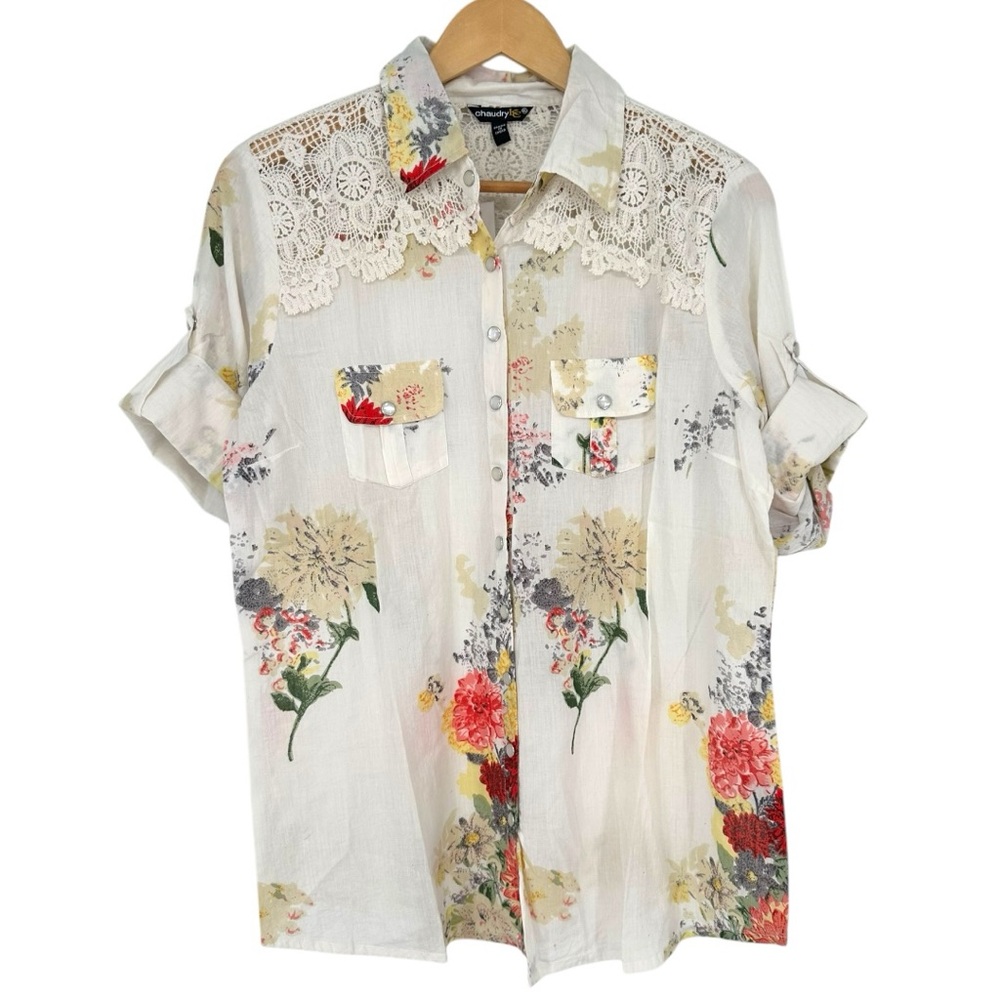 Chaudry KC Floral Crochet Yoke Snap Button Down Shirt size XL Short Sleeves NWT